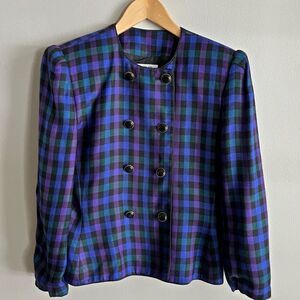Vintage Kasper ASL Black Button Plaid Blazer Blue Green Purple Grunge
